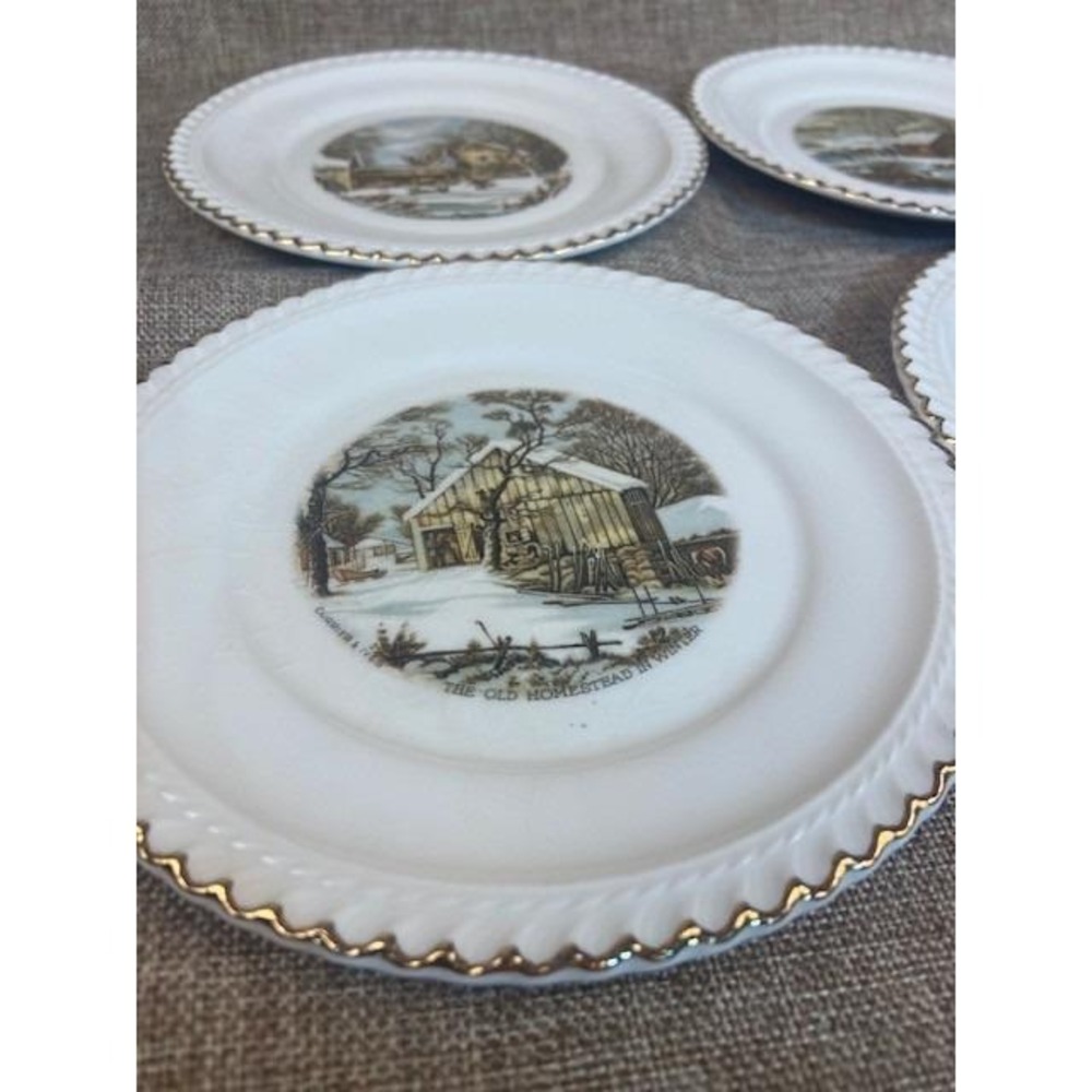 Vintage Harkerware Currier & Ives Winter Scene Plates Rope Gold Trim Set of 4